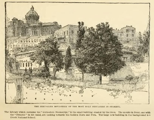 Schwarz-weiß-Zeichnung des Jerusalemer Klosters der Heiligen Grabeskirche in St. Petersburg mit Bäumen im Vordergrund und Gebäuden im Hintergrund sowie Text unten.