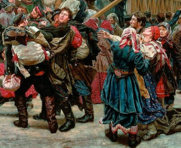 Gemlde von Menschen in traditioneller russischer Kleidung, die energisch vor einem Publikum tanzen, einige halten Gegenstnde, mit einem hölzernen Haus im Hintergrund, das eine lebhafte Szene aus der russischen Revolution heraufbeschwrt.