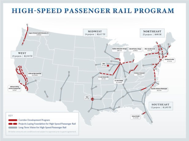 Detailierte Wandkarte des U.S.-Hochgeschwindigkeits-Passagierbahnprogramms, zeigt Routen und wichtige Orte mit erklärendem Text.