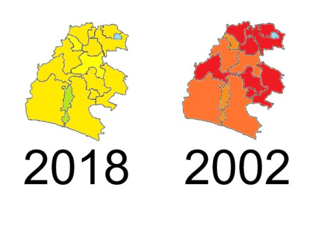 Karte von Deutschland mit Provinzgrenzen von 2002 und 2018, wobei die Bereiche von 2002 gelb, die von 2018 rot und die überlappenden Bereiche orange auf einem weißen Hintergrund dargestellt sind.