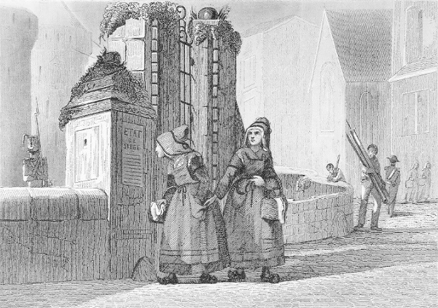 Schwarz-Weiß-Gravur Von Zweien Frauen, Die Vor Einem Gebäude Stehen, Mit Einigen Anderen Leuten Im Hintergrund, Betitelt Mit "Victorianische Frauen In Der Stadt London."