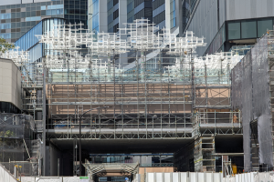 Ein großes Gebäude mit Gerüst, umgeben von Bäumen links und einer Straße unten.