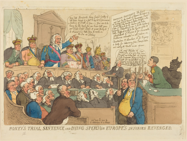 Eine Karikatur einer Gerichtsszene mit einer Gruppe von Menschen, die auf Stühlen sitzen und ein Mann in der Mitte steht, ein Tisch mit verschiedenen Gegenständen auf der rechten Seite und Text unten, der 'Boney's Trial, Sentence and Dying Speech Europe's Injuries Revenged' liest.