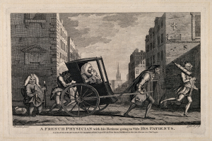 Ein französischer Arzt in einem Wagen umgeben von ein paar Menschen, mit Gebäuden im Hintergrund und einem bewölkten Himmel, mit Text am unteren Bildrand.