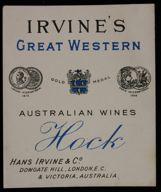 Plakatwerbung für Irvine's Great Western Australian Wines, mit Unternehmenslogos und Text.