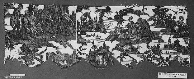 Schwarz-weiß-Zeichnung einer Gruppe von Menschen im Wald mit Bäumen und Pflanzen im Hintergrund und einem Text am unteren Rand, der "The Metropolitan Museum of Art" lautet.