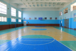 Großer Turnhallen mit blau-weißem Boden, Basketballfeld, Netz, Stangen, Tür, Fenstern, Wandplakaten, Geländer und Dach.