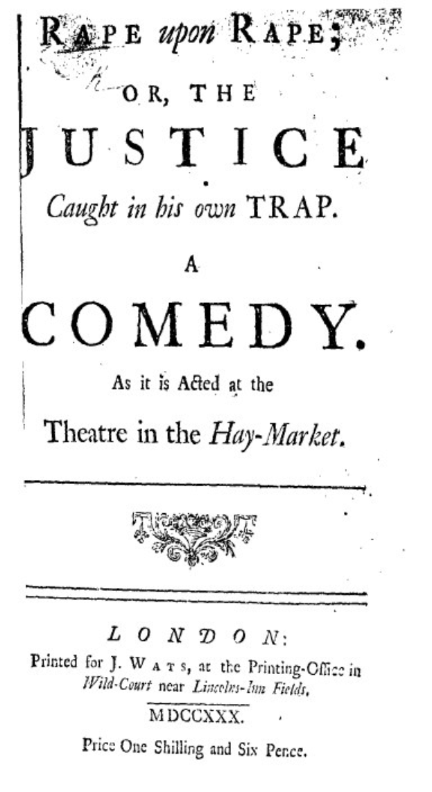 Schwarzes und weißes Plakat mit der Aufschrift "Vergewaltigung auf Vergewaltigung oder die Justiz in ihrer eigenen Falle" in fetter schwarzer Schrift, wahrscheinlich Ankündigung einer Comedy-Show.