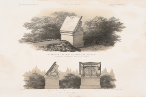 Ein altes Buch mit einer Zeichnung eines Denkmals umgeben von grünen Bäumen und einer Inschrift auf dem Denkmal.