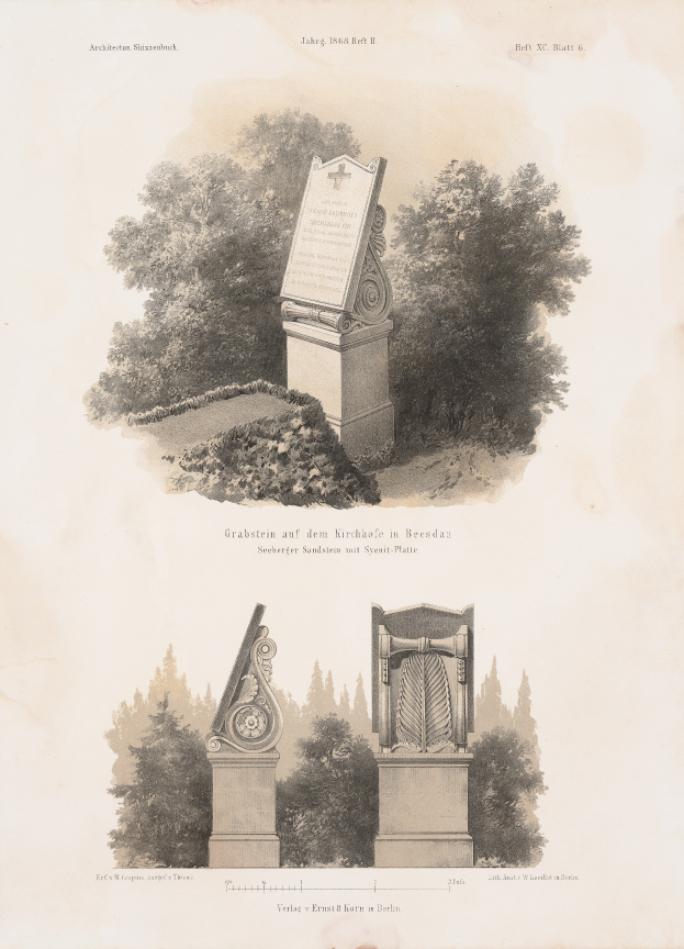 Ein altes Buch mit einer Zeichnung eines Denkmals umgeben von grünen Bäumen und einer Inschrift auf dem Denkmal.