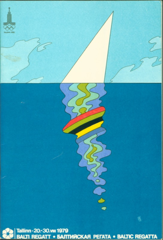 Ein Plakat für die Baltic Regatta 1979 mit einem blauen und gelben Boot mit einer weißen Segel, dem Ereignisnamen in fetter weißer Schrift und einem Logo mit einem gelben Stern in einem weißen Kreis auf einem hellblauen Hintergrund.