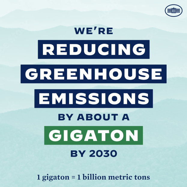 Plakat mit Text und Logo, das "Wir reduzieren die Treibhausgasemissionen um etwa eine Gigatonne bis 2030" verkündet und für eine signifikante Reduzierung der Treibhausgase bis 2030 wirbt.