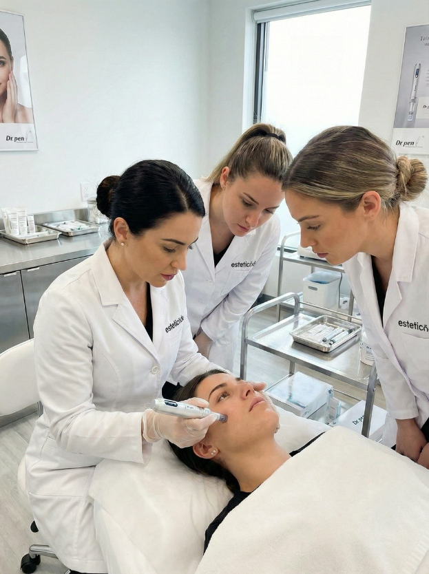 Eine zeitgemäße Kosmetikpraxis: Drei Fachkräfte in professioneller Kleidung führen konzentriert eine Gesichtsbehandlung durch. Die Atmosphäre strahlt Präzision und Expertise aus, während fortschrittliche Hautpflege-Technologien zum Einsatz kommen.