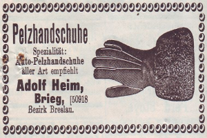 Alte deutsche Visitenkarte mit einer Illustration eines Handschuhpaares und gedrucktem Text.