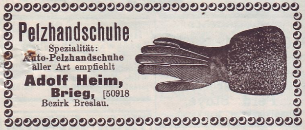 Alte deutsche Visitenkarte mit einer Illustration eines Handschuhpaares und gedrucktem Text.