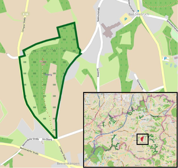 Ein detaillierter Stadtplan mit einem zentralen grünen Bereich, der für die geplante Entwicklung markiert ist, zeigt umliegende Straßen, Gebäude und Sehenswürdigkeiten.