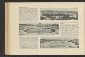 Offenes Buch mit Stadionbild und zusätzlichen Bildern.