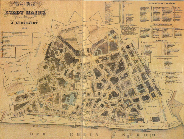 Detailierte alte Karte der Stadt Mainz, Deutschland, zeigt Straßen, Gebäude und Sehenswürdigkeiten auf altem Papier mit Text.