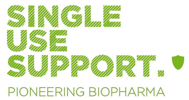 Weißer Hintergrund mit fettgrüner Schrift, die "single use support pioneering biopharma" gegen den weißen Hintergrund liest.