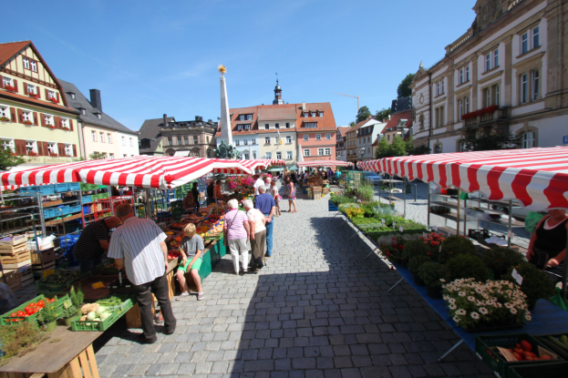Ein belebter Markt im historischen Stadtzentrum von Heidelberg mit Menschen, die umhergehen, auf Bänken sitzen und stehen, sowie Zelten, Tischen mit Körben voller Gemüse und Gebäuden mit Fenstern im Hintergrund unter einem klaren blauen Himmel.