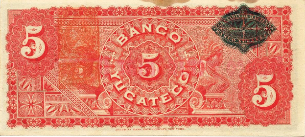 Eine rote und schwarze Fünf-Bancos-Banknote der American Bank of New York mit einem Porträt eines Mannes, mit einer Nennwert von 5 Yucatec.