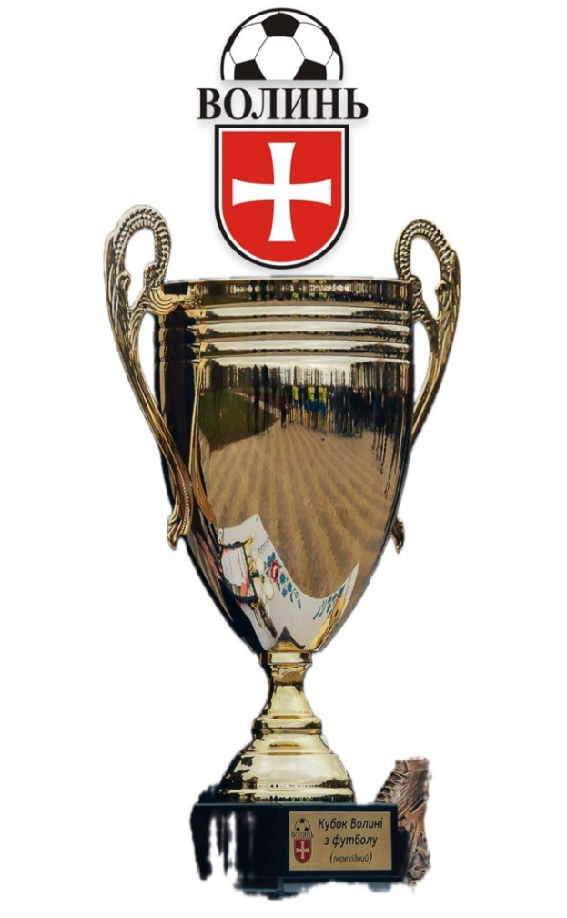 Ein goldener Pokal mit einem Fußball darauf, der ein Logo und Text trägt, vor einem weißen Hintergrund.