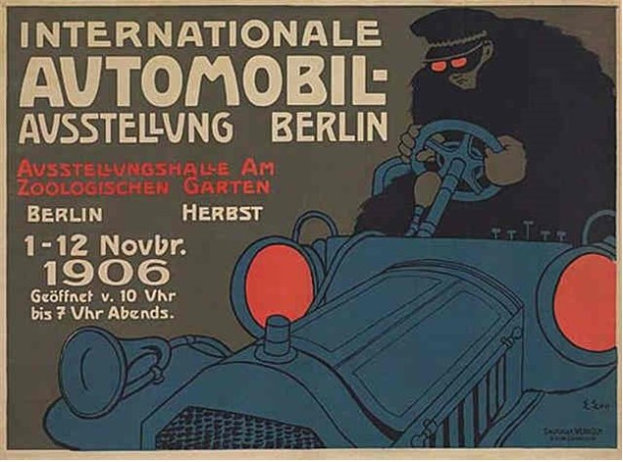 Cartoon-Bild einer Person, die ein Auto auf einem Plakat fährt, das eine internationale Automesse in Berlin ankündigt.