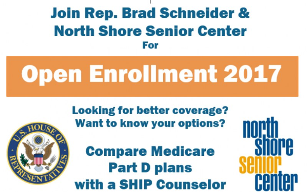 Plakat für eine offene Anmeldungsveranstaltung mit dem Abgeordneten Brad Schneider und dem North Shore Senior Center, mit Veranstaltungsdetails und Logo.