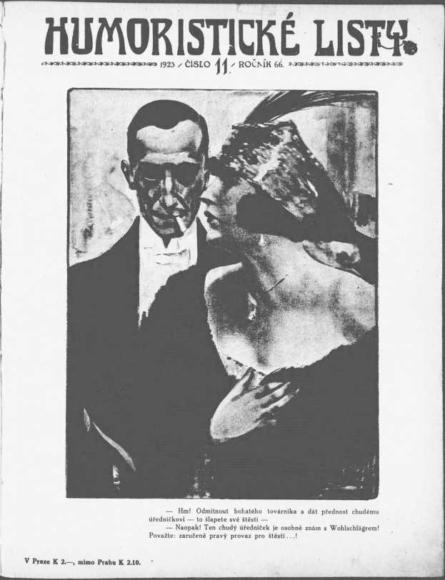 Schwarz-weißes Magazin-Cover mit der Überschrift 'Humoristische Liste', das einen Mann in Anzug und eine Frau mit einem spöttischen Gesichtsausdruck zeigt.