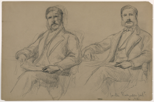 Zwei Männer in Anzügen sitzen nebeneinander auf Stühlen und blicken ernst auf ein teilweise sichtbares Dokument.