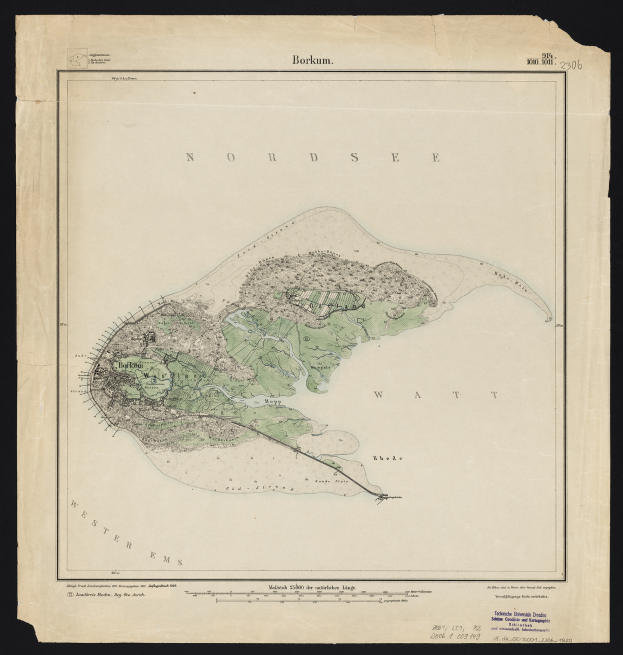 Ein altes Kartenbild der Nordsee-Insel mit einem schwarzen Hintergrund, das detaillierte geographische Merkmale wie Küste, Inseln und Text zeigt, der Informationen über die Inselgröße, -form und -lage bereitstellt.