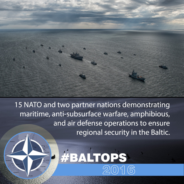 Gruppe von Schiffen auf dem Wasser mit bewölktem Himmel, mit Text und Logo über NATO-Marineübungen in der Ostsee.