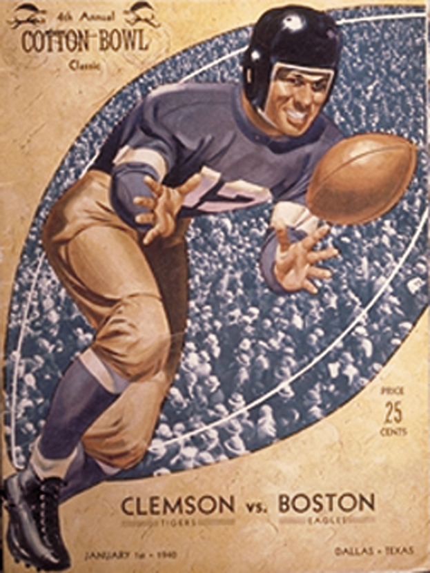 Ein Plakat eines Football-Spielers in einem Helm, der einen Football hält, mit der Aufschrift "Cotton Bowl Cleveland vs Boston" und einem entschlossenen Gesichtsausdruck.
