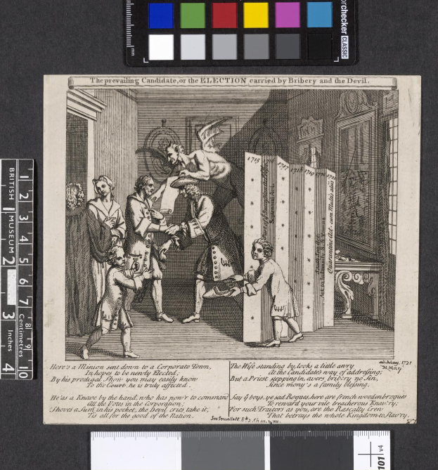 Eine Schwarz-Weiß-Radierung einer Gruppe von Menschen in einem Raum, die sich um ein zentrales Papier mit Text und Farboptionen am oberen Rand versammeln, symbolisiert eine korrupte Wahl.