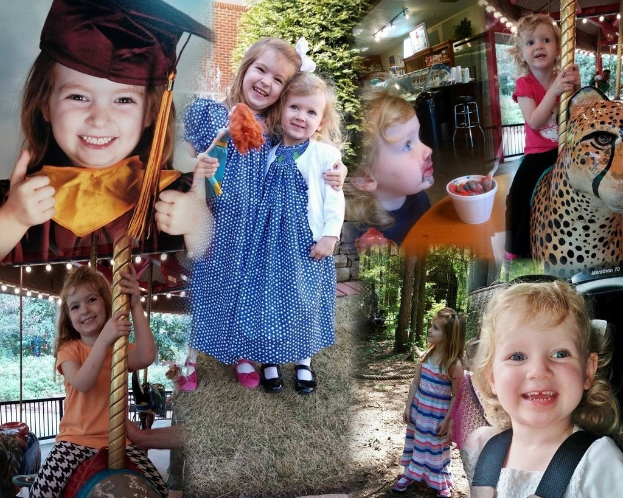 Collage mit lustigen Fahrgeschäften, Kindern, einem Tisch mit Speisen, Besteck, Lichtern, natürlichen Elementen und diversen Gegenständen.