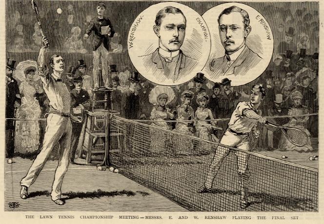 Schwarz-weiß-Zeichnung von zwei Männern, die auf einem Platz mit einem Netz Tennis spielen, umgeben von einer Gruppe von Zuschauern, und Text unten mit der Aufschrift "The Lawn Tennis Championship Meeting - Messers, E und W Renshaw spielen das entscheidende Satz"