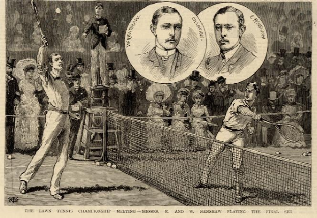 Schwarz-weiß-Zeichnung von zwei Männern, die auf einem Platz mit einem Netz Tennis spielen, umgeben von einer Gruppe von Zuschauern, und Text unten mit der Aufschrift "The Lawn Tennis Championship Meeting - Messers, E und W Renshaw spielen das entscheidende Satz"