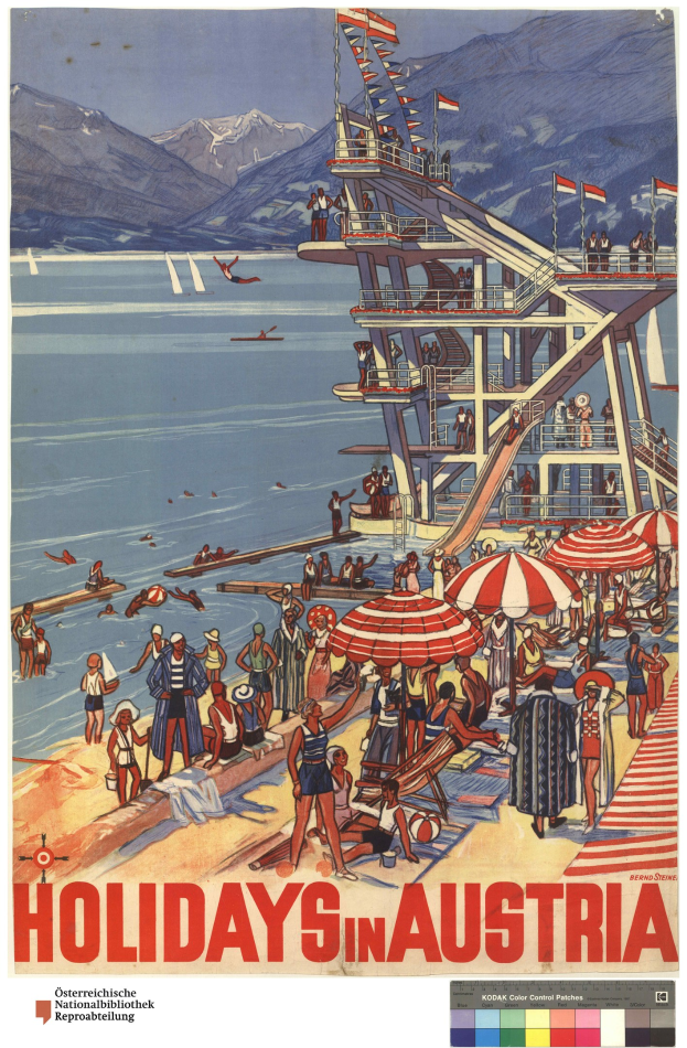 Plakat, das Urlaube in Österreich bewirbt, mit Menschen am Strand mit Schirmen, einem Schiff im Hintergrund, winkenden Flaggen, fernen Bergen und Text.