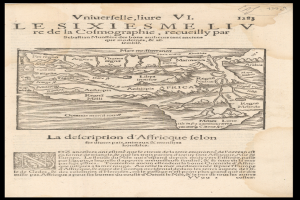 Ein altes Buch mit einem schwarzen Hintergrund und eine detaillierte Karte von Afrika, die geographische Merkmale wie Berge, Flüsse und Städte zeigt, mit begleitendem Text, der weitere Informationen bietet.