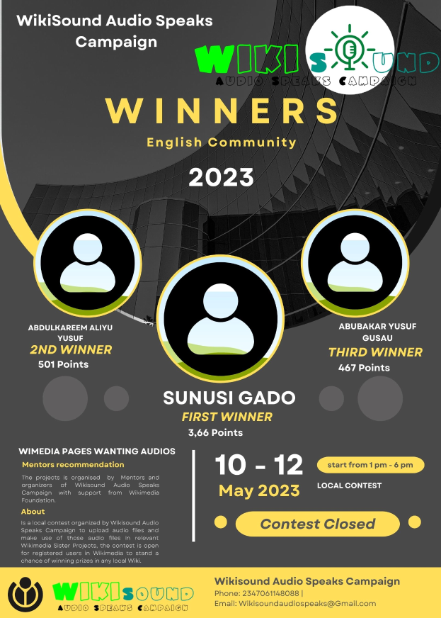 Ein buntes Plakat mit einem blauen Hintergrund und gelben und weißen Buchstaben, die in fetter Schrift 'Gewinner' bilden, mit lachenden Menschen in der Mitte.