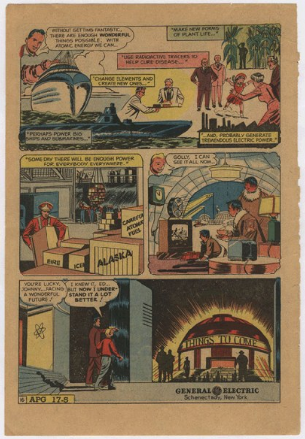 Comic-Seite mit einem Mann in einem blauen Anzug mit roter Krawatte und einer Frau in einem weißen Kleid mit einem blauen Schal, vor einem hellblauen Himmel mit weißen Wolken.