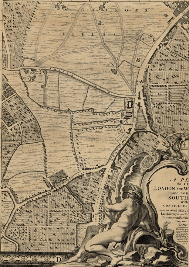 Ein detailliertes Stadtplanplakat von London und seinen umliegenden Gebieten mit einer zentralen Skulptur einer Person.