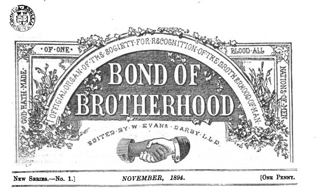 Ein Plakat mit 'Bund der Brüderlichkeit' in fetter schwarzer Schrift auf einem weißen Hintergrund, das ein Schild-Logo mit einem zentralen Kreuz und einem Lorbeerkranz zeigt.