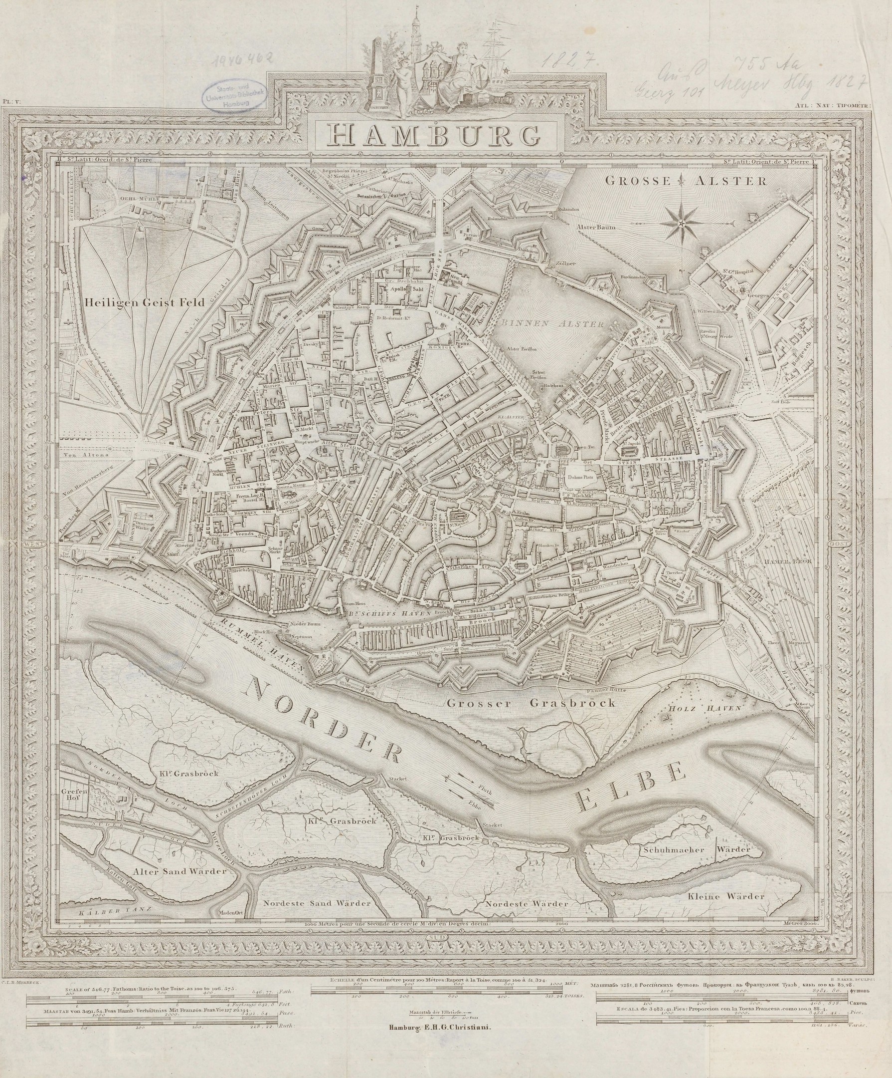 Alte Hamburg-Karte, gedruckt auf Papier, zeigt Straßen und Sehenswürdigkeiten im klassischen Stil.