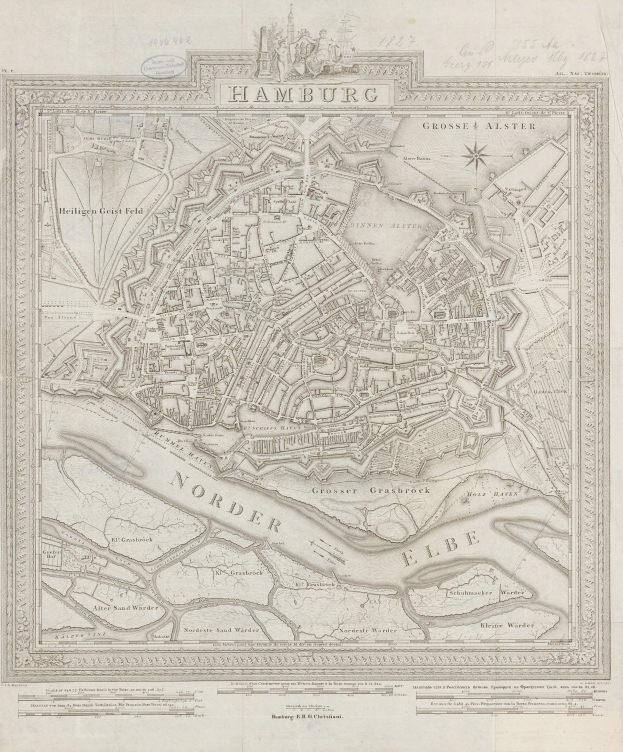 Alte Hamburg-Karte, gedruckt auf Papier, zeigt Straßen und Sehenswürdigkeiten im klassischen Stil.