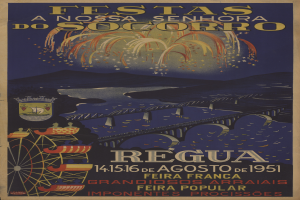 Ein Plakat, das ein Festival in Brasilien ankündigt und eine Brücke, Wasser, Hügel und Feuerwerk zeigt.