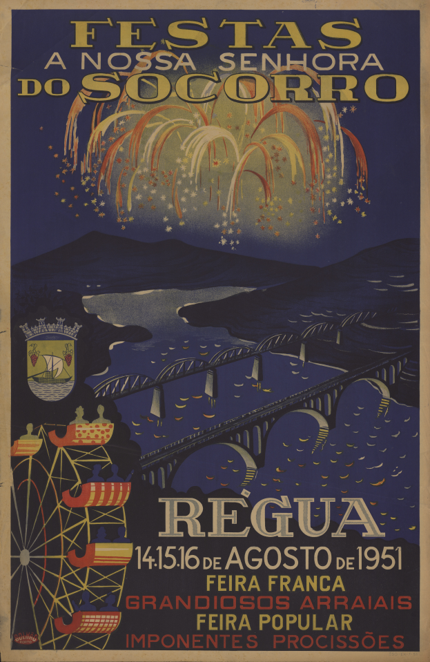 Ein Plakat, das ein Festival in Brasilien ankündigt und eine Brücke, Wasser, Hügel und Feuerwerk zeigt.