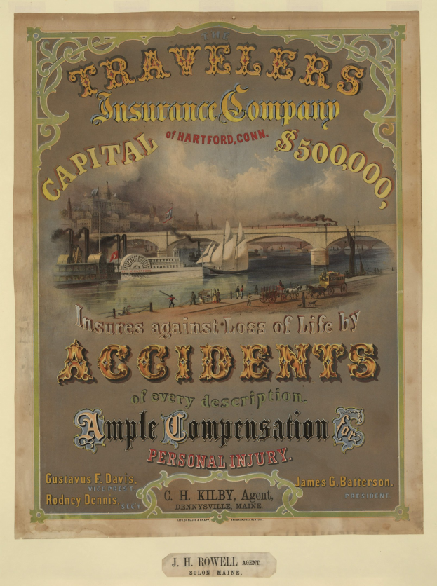 Werbeplakat für die Traveler's Insurance Company of Hartford, Connecticut, mit Abbildungen von Booten, einer Brücke und Gebäuden sowie Texten, die Reiseversicherungsdienstleistungen anpreisen.
