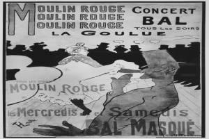 Ein Schwarz-Weiß-Plakat, das ein Moulin-Rouge-Konzert in Paris ankündigt und einen Mann und eine Frau tanzen zeigt, mit Text auf dem Plakat.