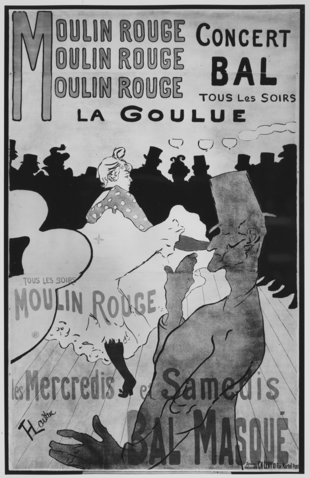 Ein Schwarz-Weiß-Plakat, das ein Moulin-Rouge-Konzert in Paris ankündigt und einen Mann und eine Frau tanzen zeigt, mit Text auf dem Plakat.